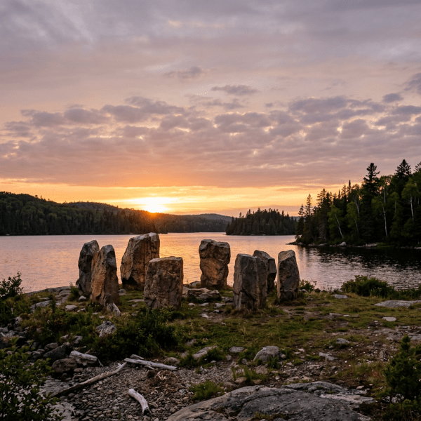 Stone circle formation on lakeshore at sunset with forested hills in background
